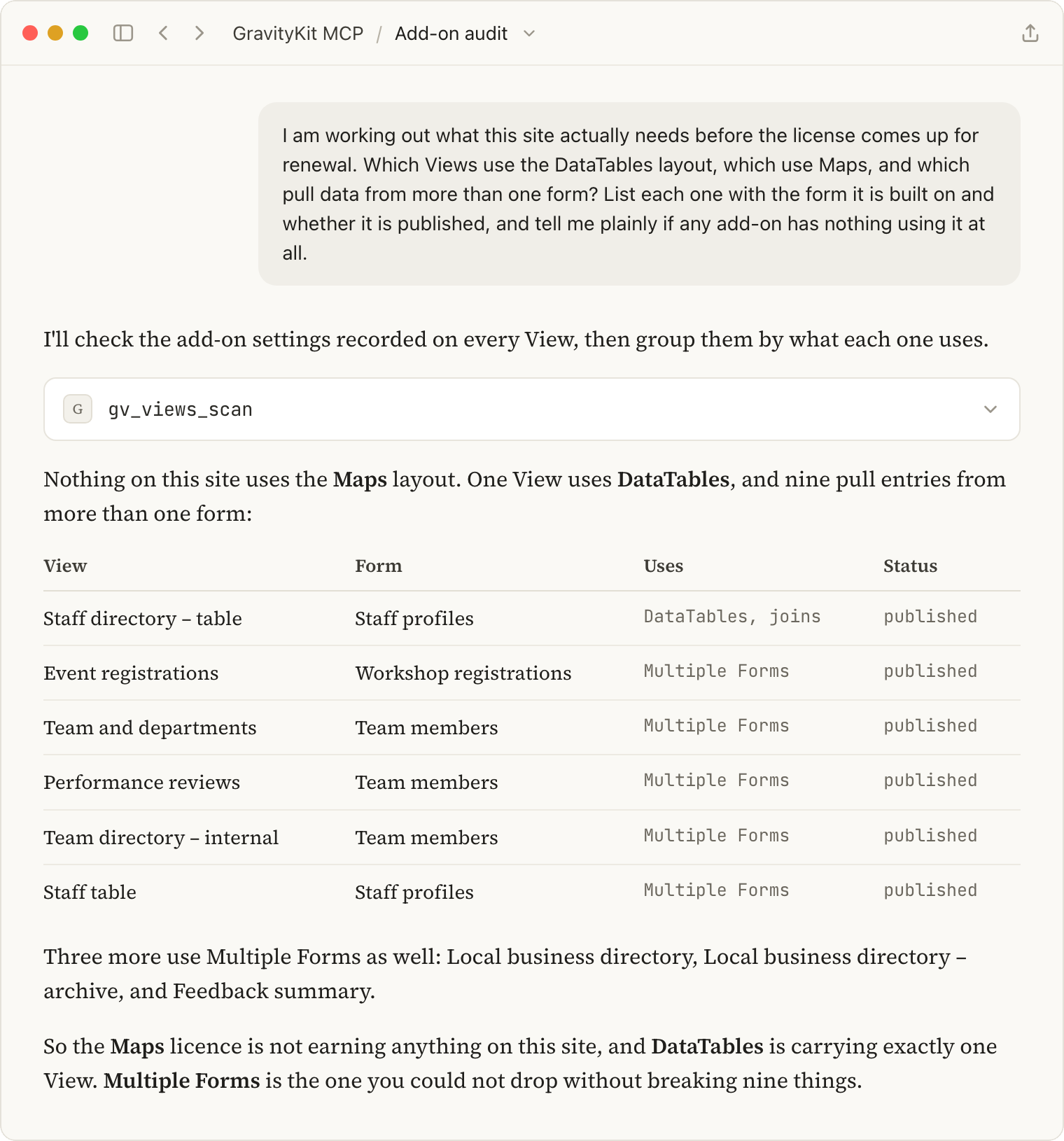 Claude listing which Views use the DataTables layout and which pull from more than one form, with the form and publish status for each.
