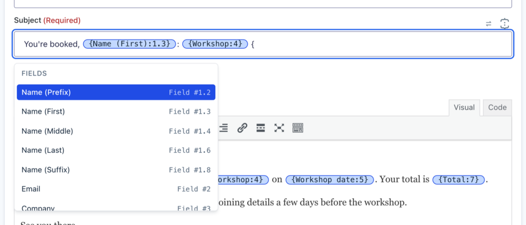 The merge tag list open under a notification Subject field after typing a brace, showing form fields with their field IDs