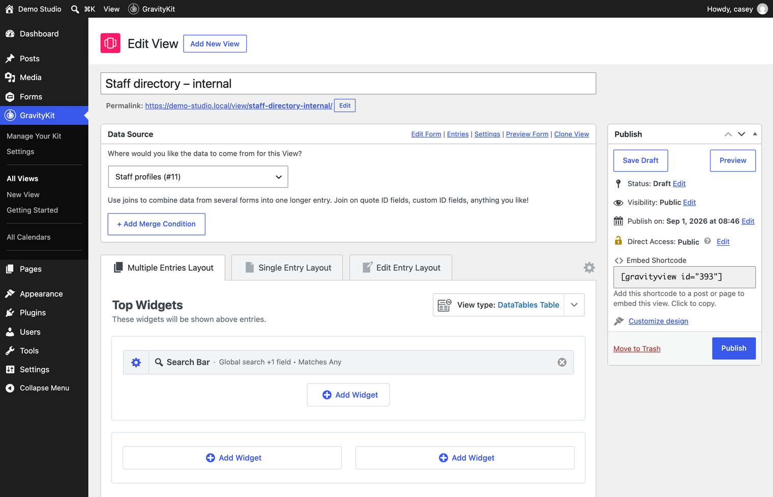 The GravityView View editor for Staff directory internal, with the Publish box showing Status: Draft and the search bar widget in place.