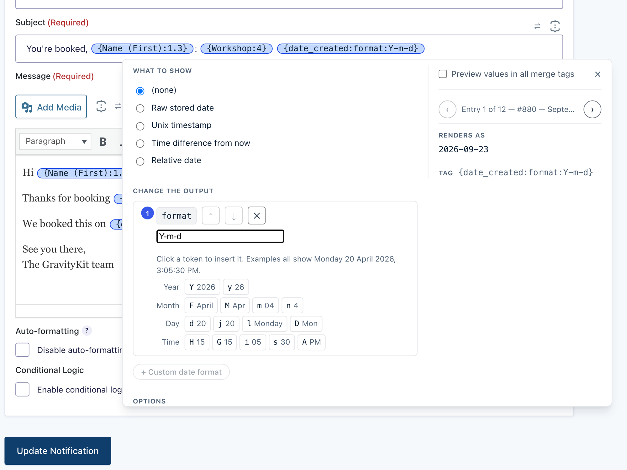 The date format builder for the date_created merge tag, with year, month, day, and time tokens and a Y-m-d format rendering as 2026-09-23