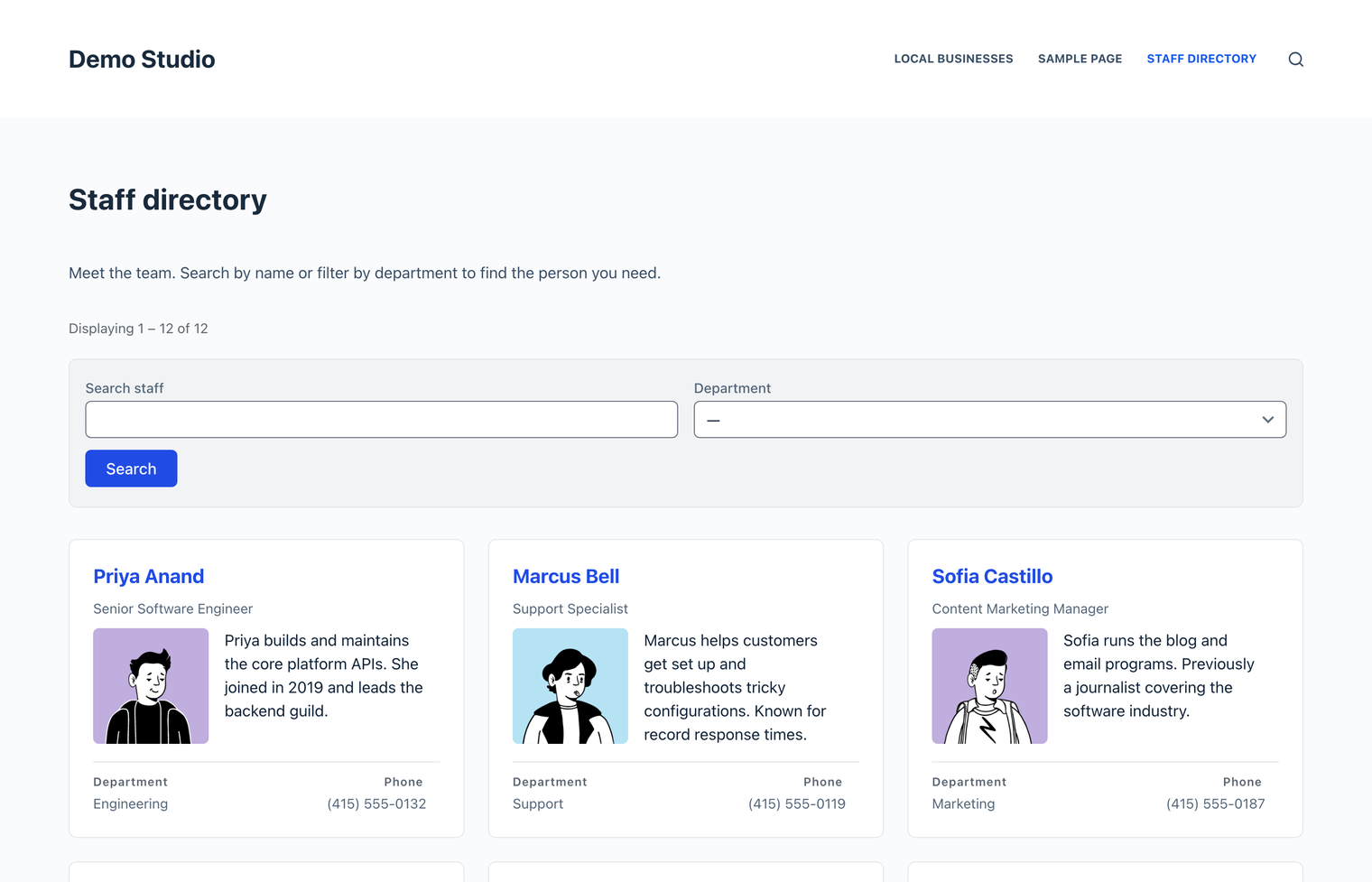 The staff directory on the front end: a search box, a department dropdown, and a three-column grid of staff cards showing photo, job title, bio, department and phone.
