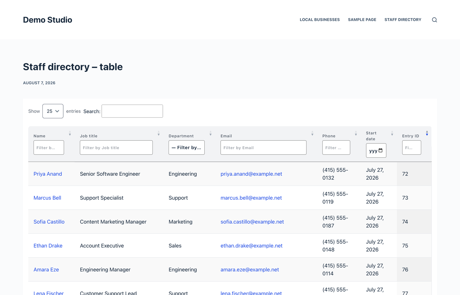 The same staff data rendered as a sortable DataTables table with per-column filters, showing name, job title, department, email, phone, start date and entry ID.