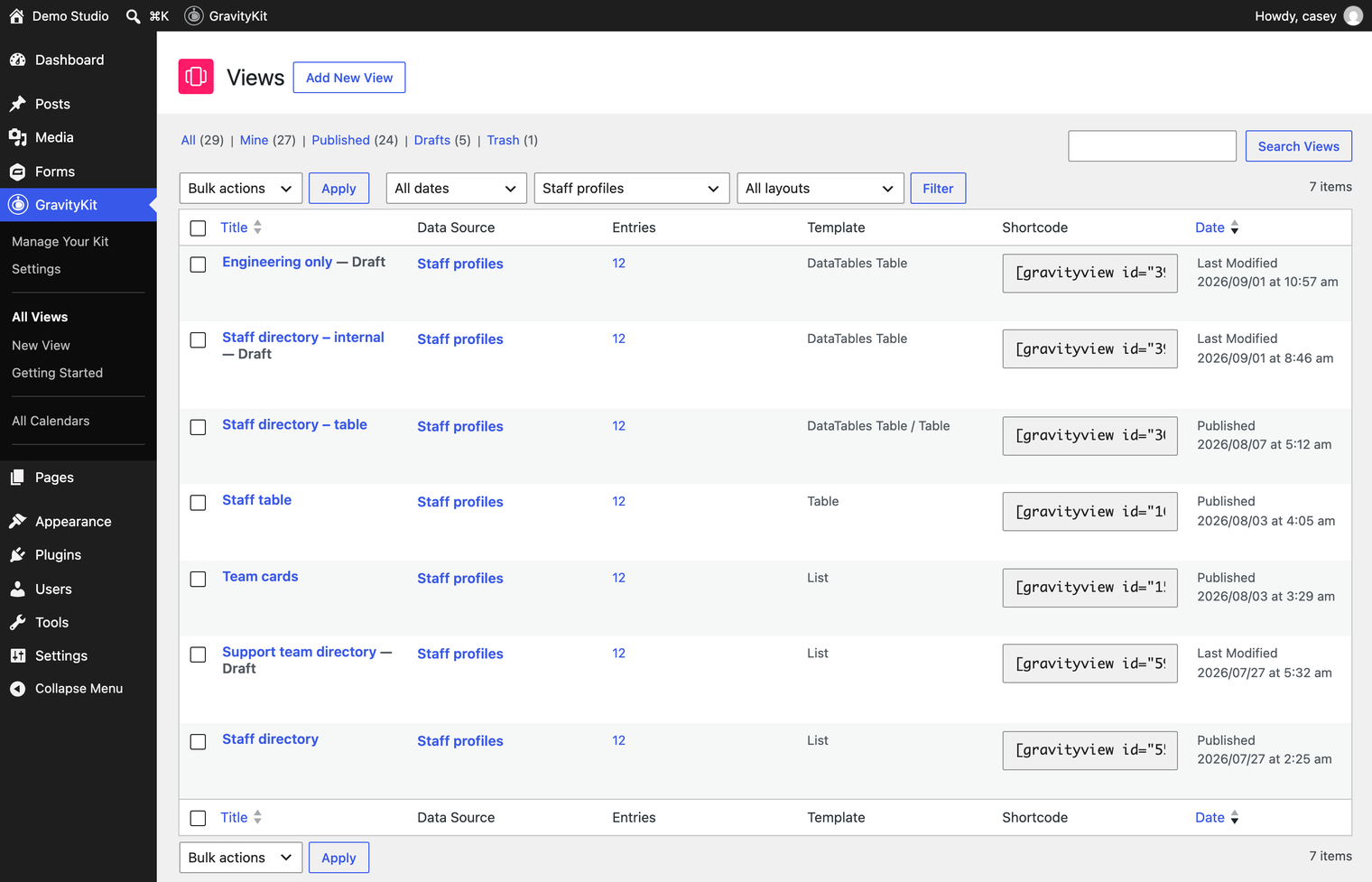 The GravityView Views list filtered to the Staff profiles form, showing seven Views including the published Staff directory and two drafts, Staff directory internal and Engineering only.