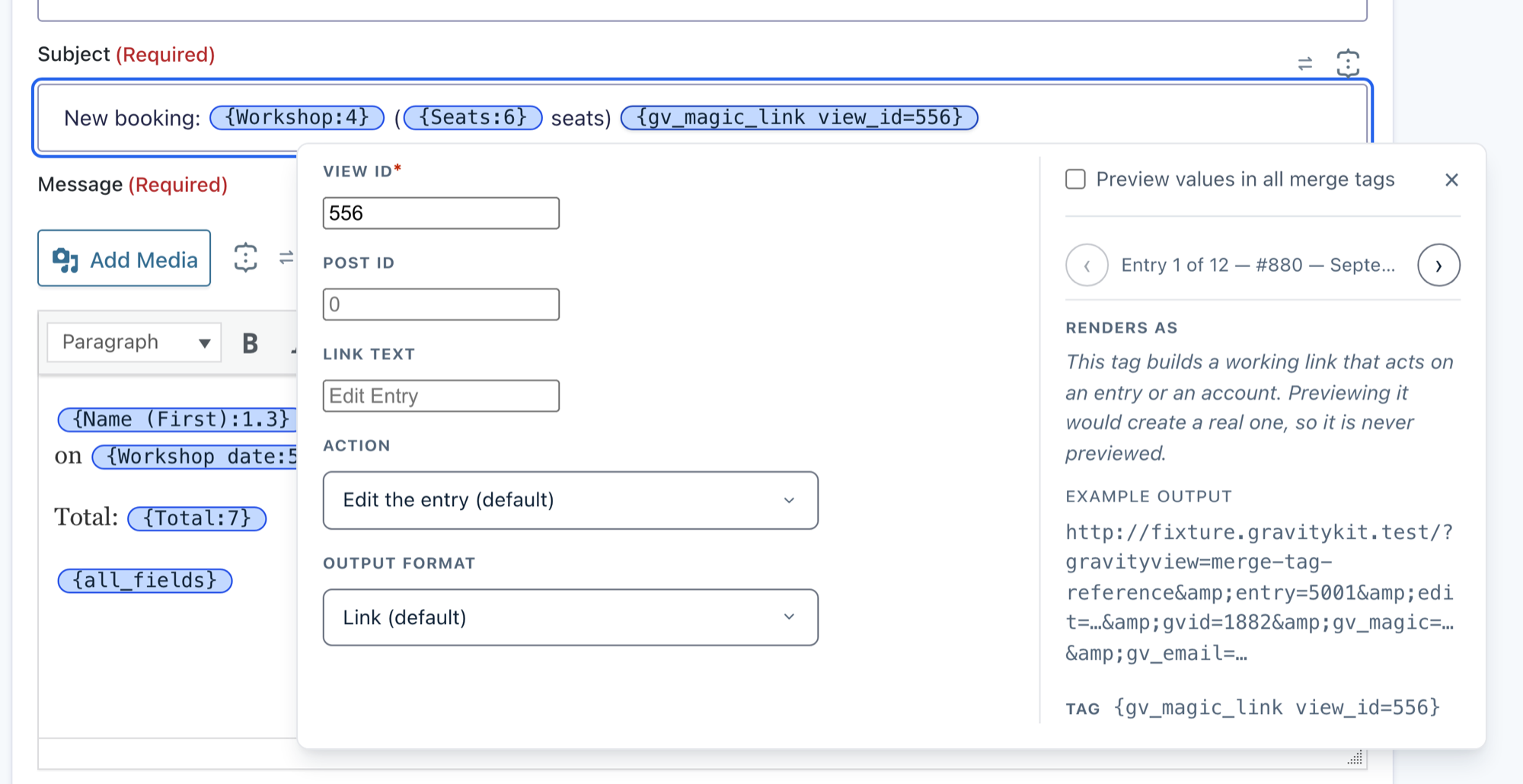 The settings panel for a Magic Link merge tag, explaining that the tag builds a working link and is never previewed