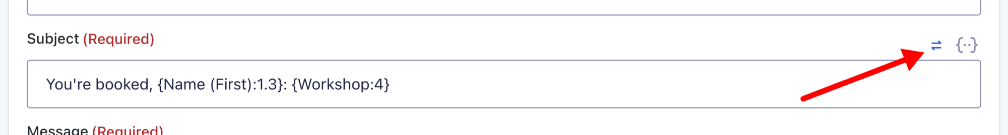 A notification Subject field switched to Gravity Forms' merge tag picker, with an arrow on the swap button
