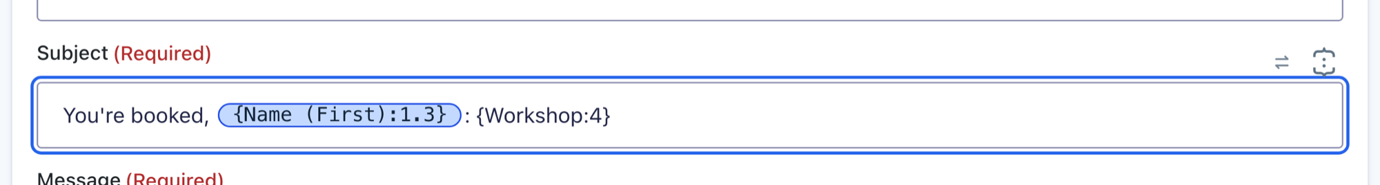 The Subject field with the Workshop merge tag being edited as plain text next to a chip