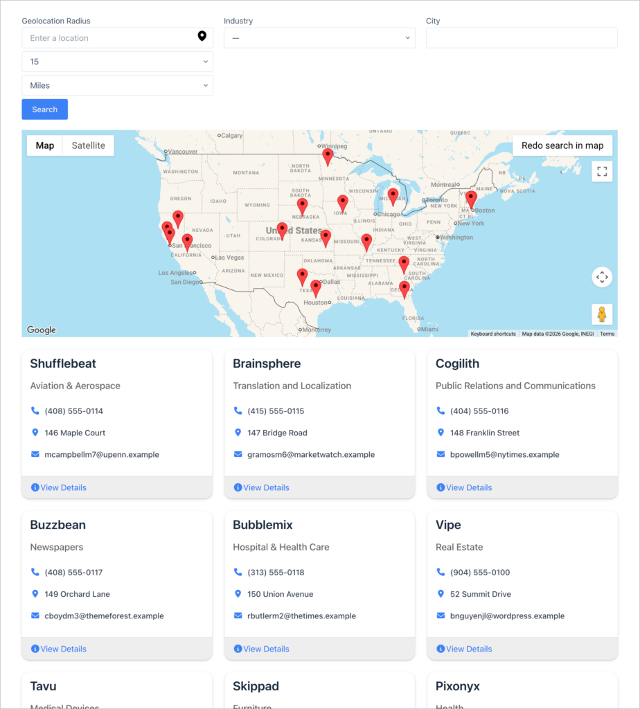 Business directory built with GravityView, with a geolocation radius search, industry and city filters, a Google Map of pinned locations across the United States, and a grid of company cards showing phone, address, and email