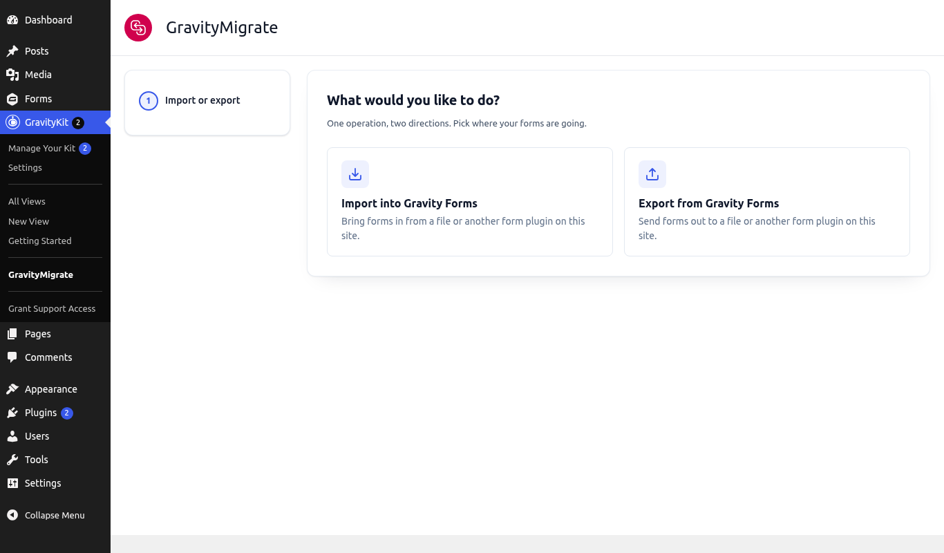 The GravityMigrate wizard's first step, with the GravityKit menu open on GravityMigrate