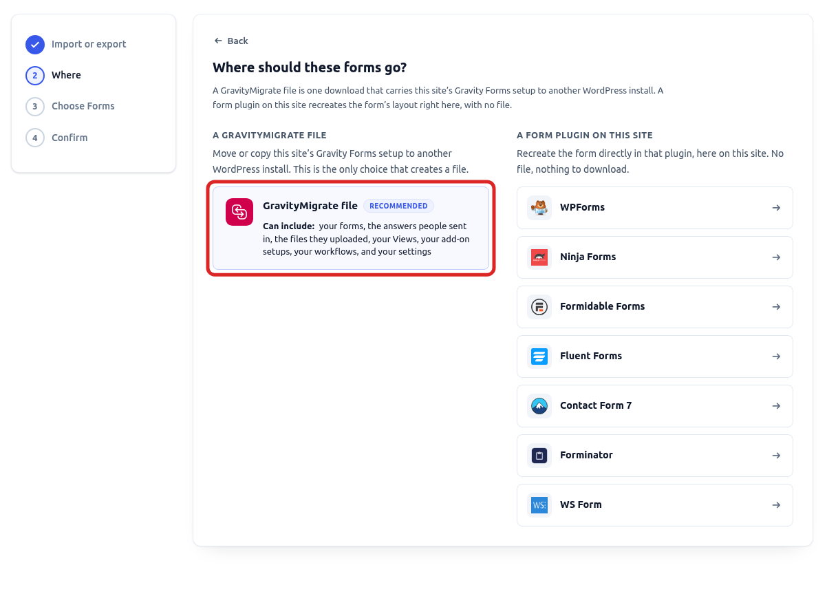 The Where step of an export, with the GravityMigrate file card outlined beside the list of form plugins on the site