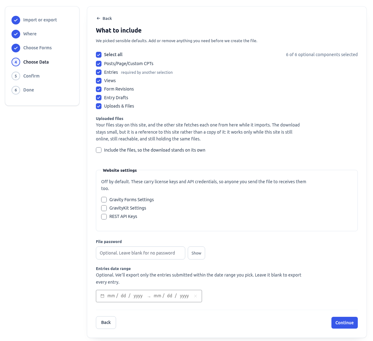 The What to include step with posts, entries, Views, form revisions, entry drafts and uploads selected, and the website settings left off