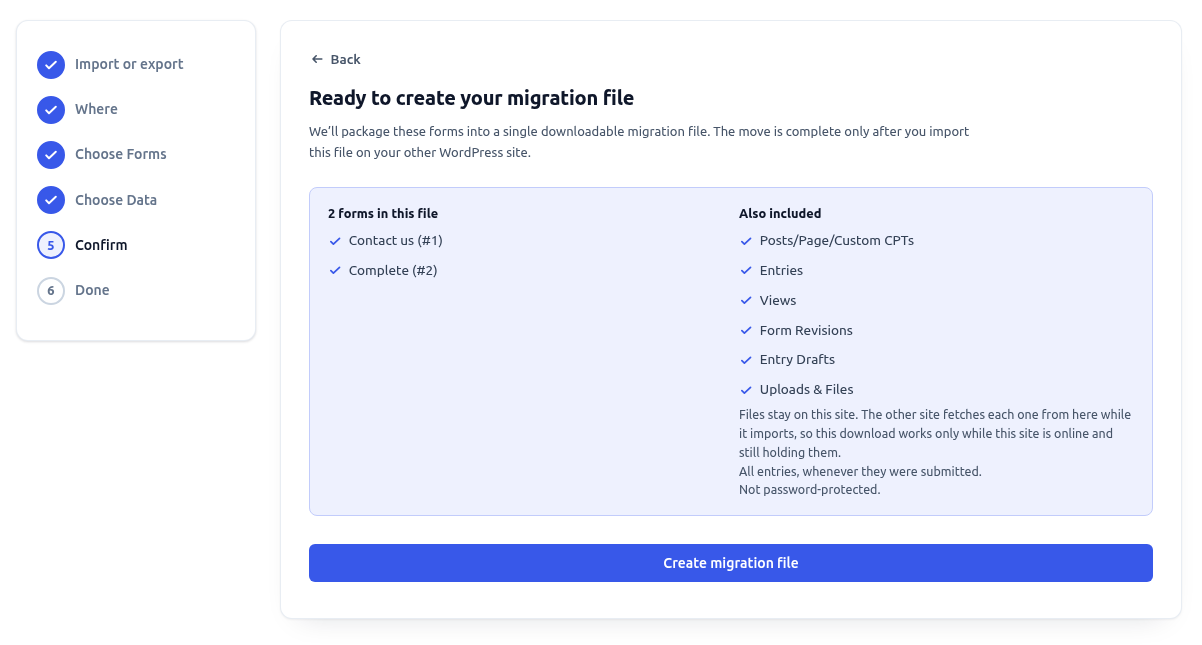 The Confirm step summarizing the forms and data before the migration file is created