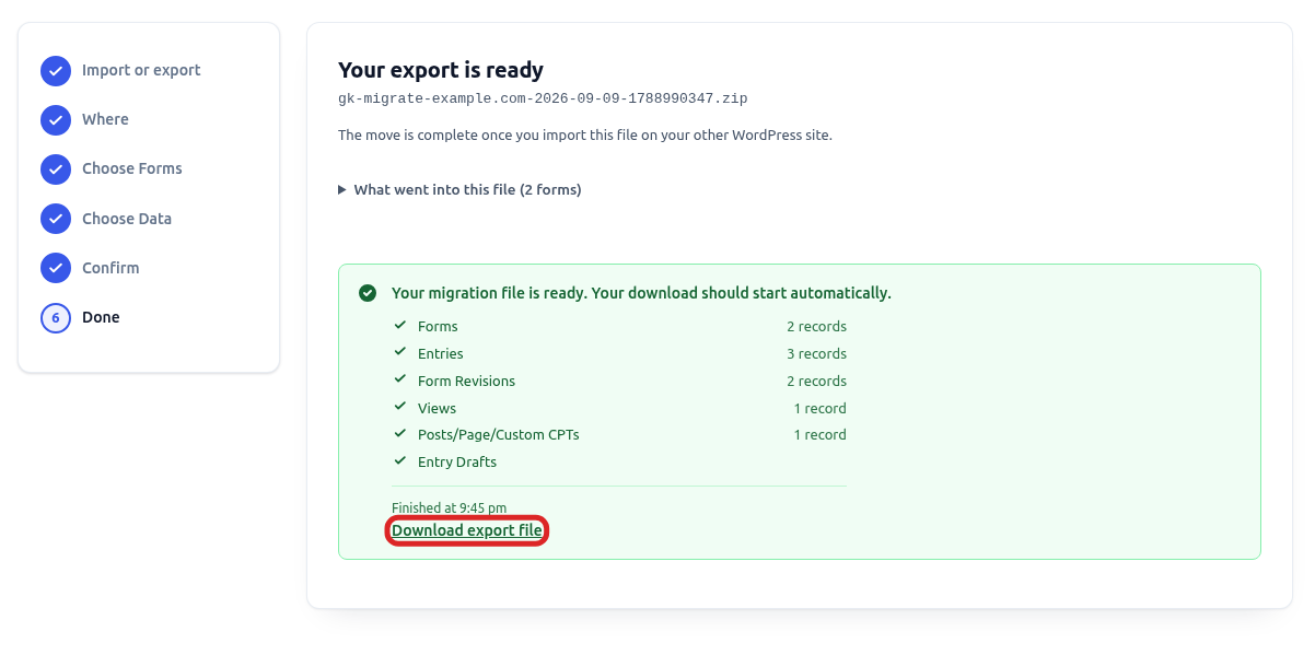 The Done step with the export ready, the record counts, and the Download export file link outlined