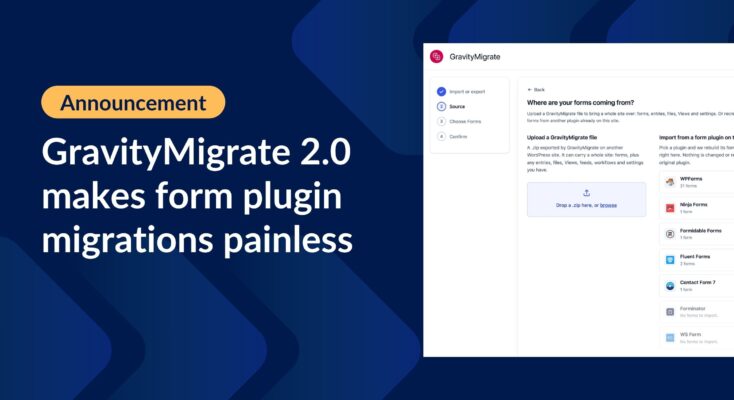 Announcement graphic for GravityMigrate 2.0 showing the migration source screen with options to import forms from other WordPress form plugins.