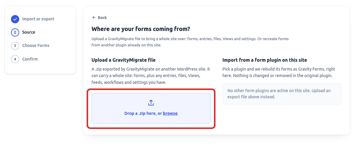 The Source step of an import with the file upload area outlined