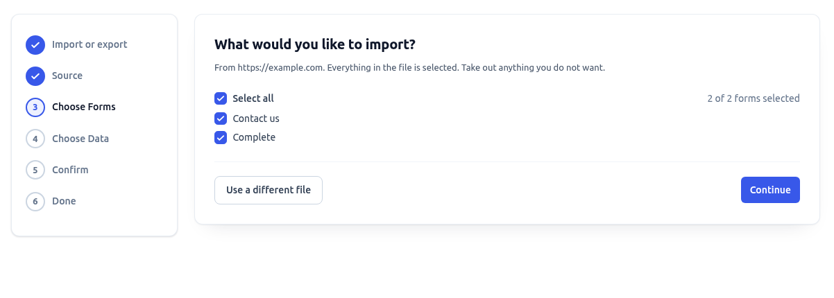 The Choose Forms step of an import, listing the two forms in the file with both selected