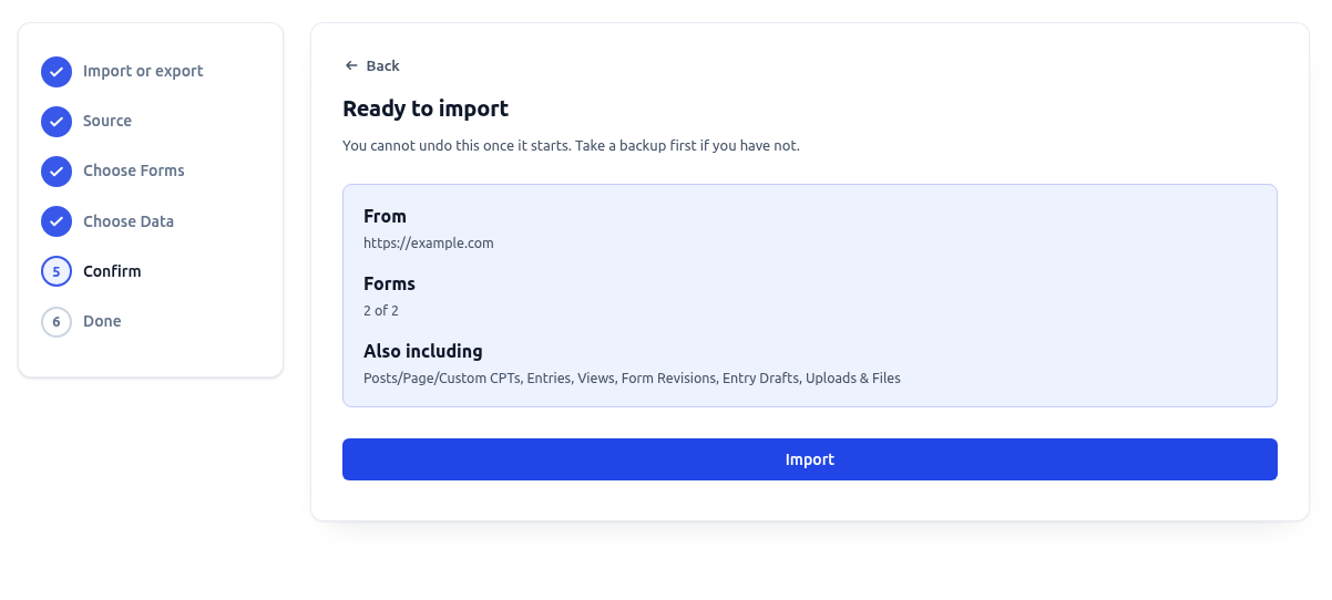 The Ready to import step with the summary of the file and the Import button