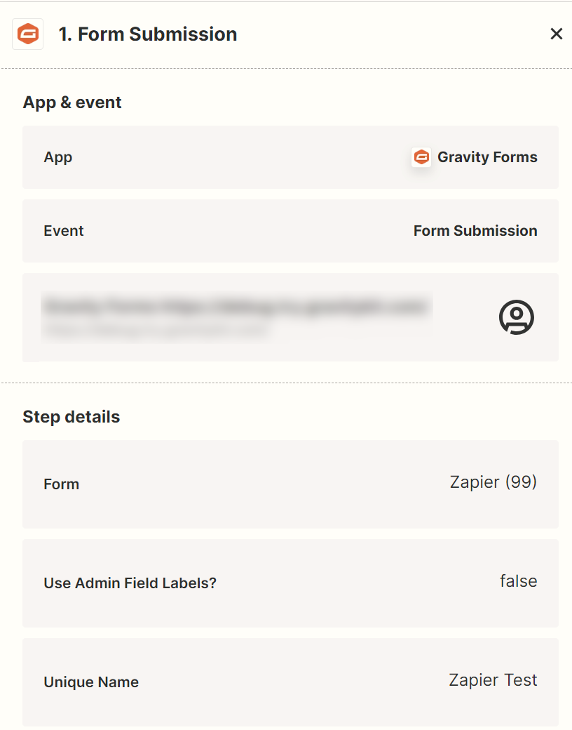 The Gravity Forms trigger step in the Zapier editor, with the connection row under App & event naming the site the Zap is connected to