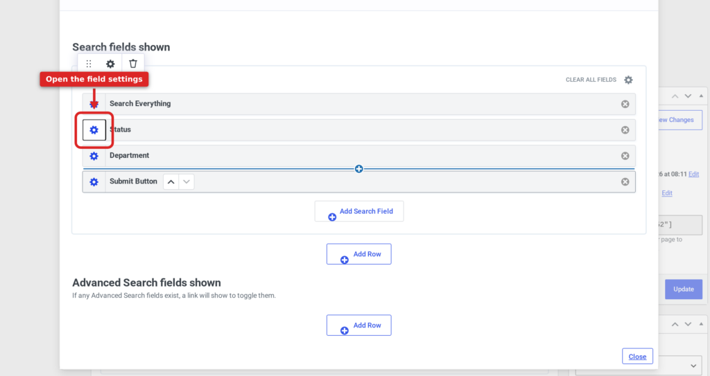 The Search Bar settings with the gear icon beside an individual search field highlighted