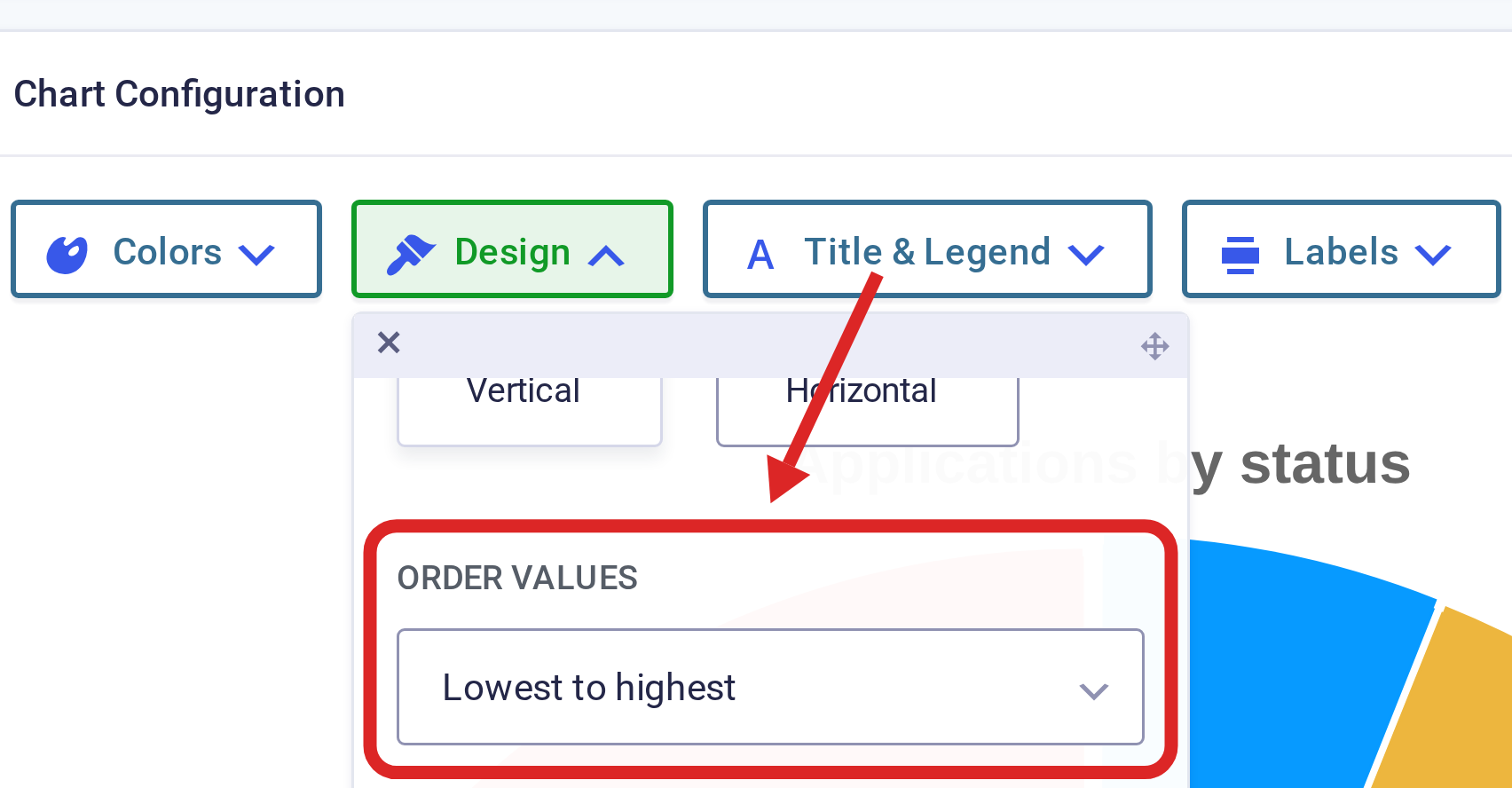The Order Values setting highlighted inside the Design menu of the Chart Configuration panel
