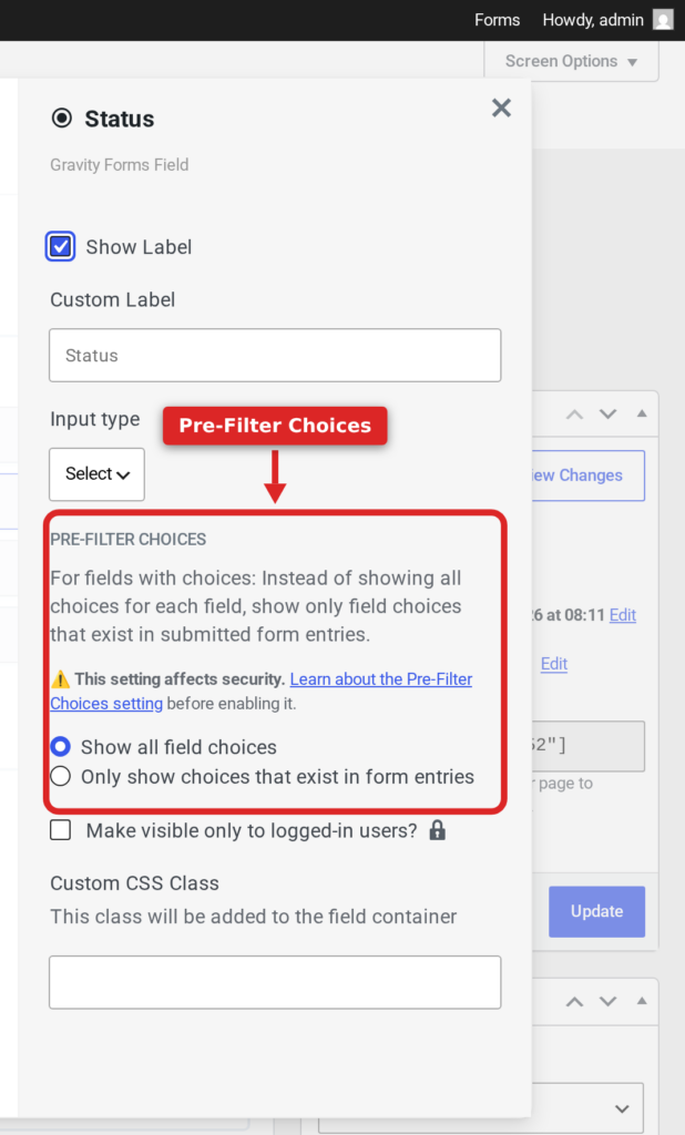 A search field's settings showing the Pre-Filter Choices radio options highlighted