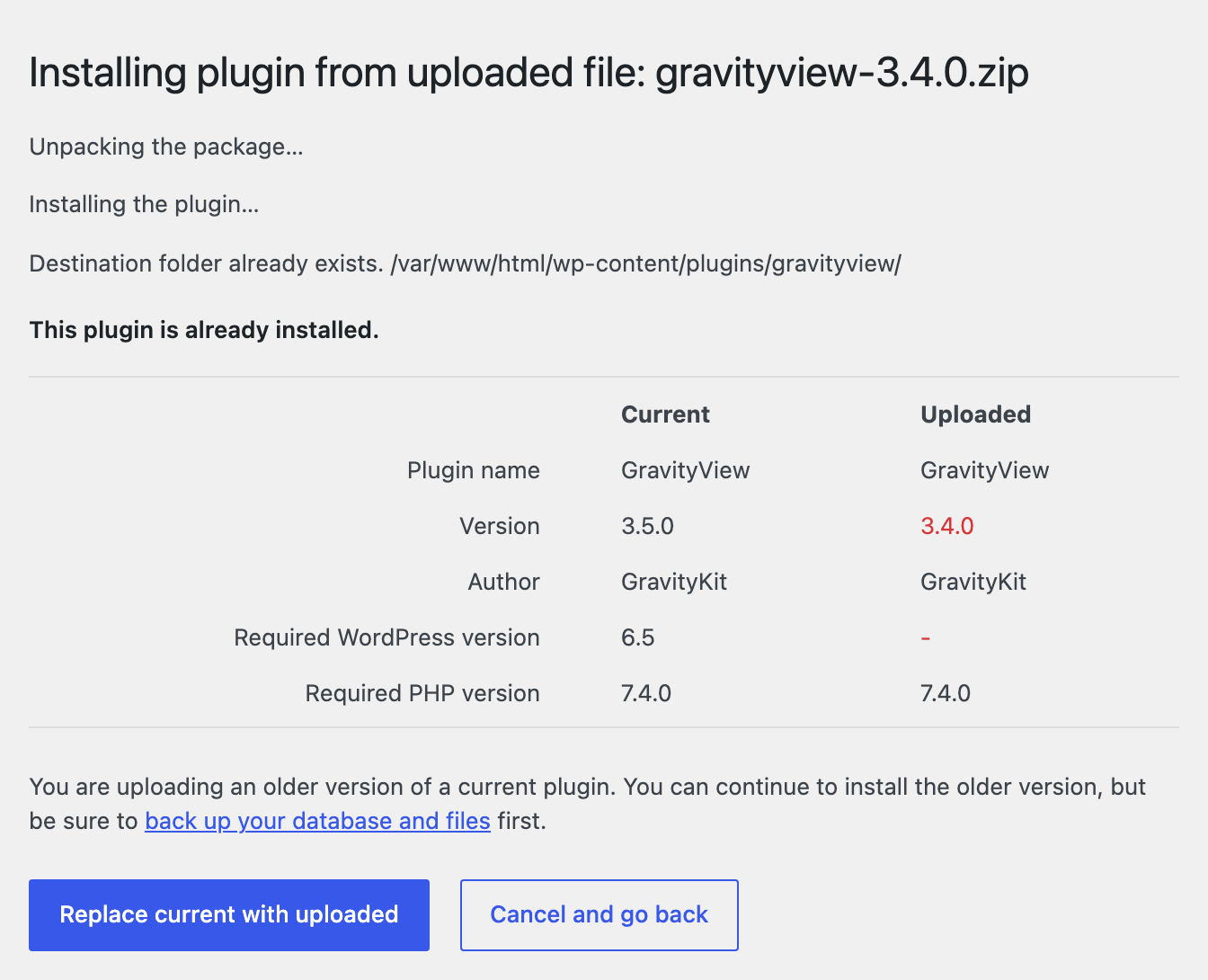 The WordPress screen comparing the installed and uploaded plugin versions, with the Replace current with uploaded button