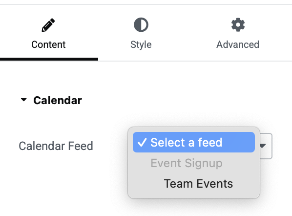 The widget Content tab with the Calendar Feed dropdown open, listing calendars grouped under their form name.