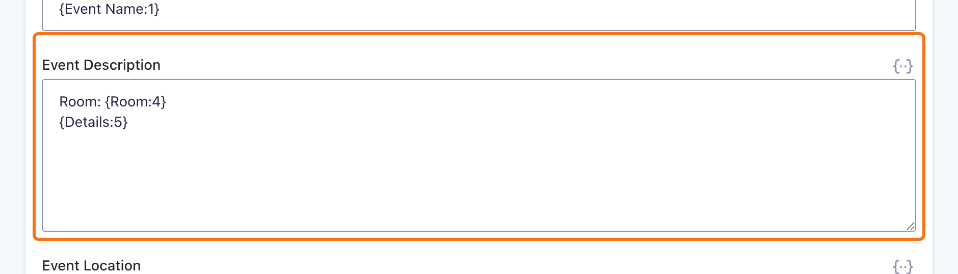 The Event Description box in the Calendar Fields section, where the tooltip text is Room: {Room:4} followed by the {Details:5} merge tag
