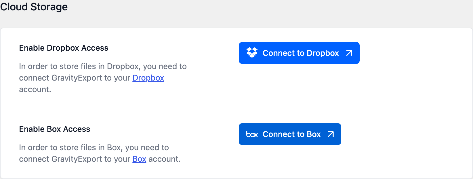 The Cloud Storage section of the GravityExport settings, showing Enable Dropbox Access and Enable Box Access with a Connect to Box button.