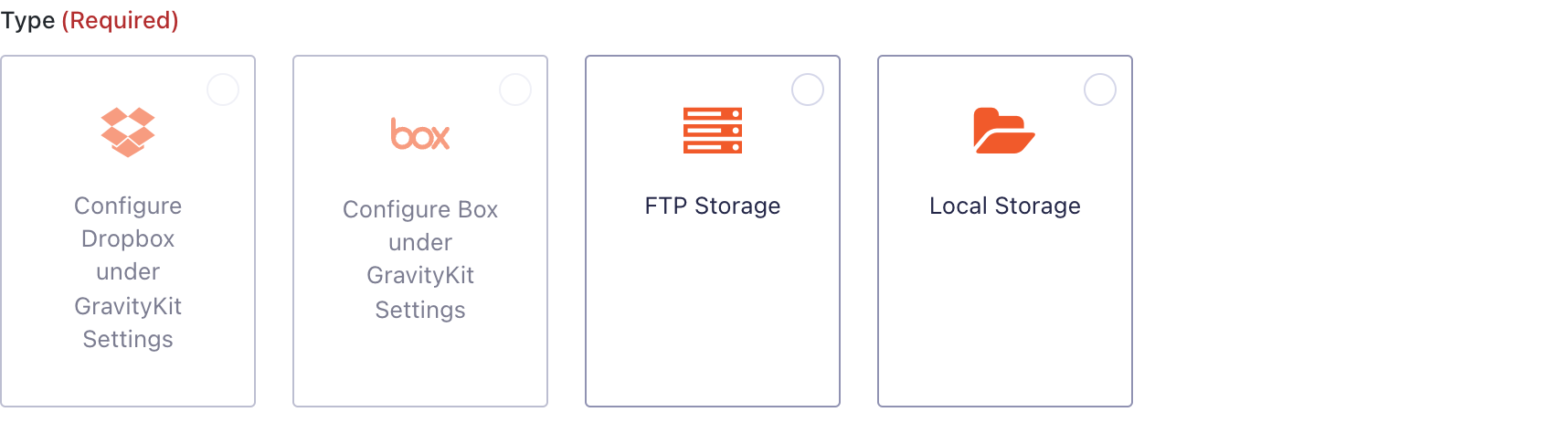 The Save feed Storage Type chooser with four cards: Dropbox, Box, FTP Storage and Local Storage.