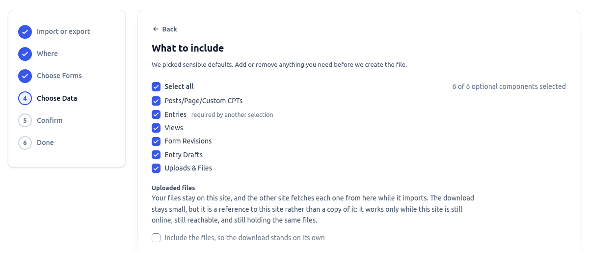 The GravityMigrate Choose Data step, with entries, Views, revisions, drafts, and uploads selected, and an option to include the uploaded files in the migration file