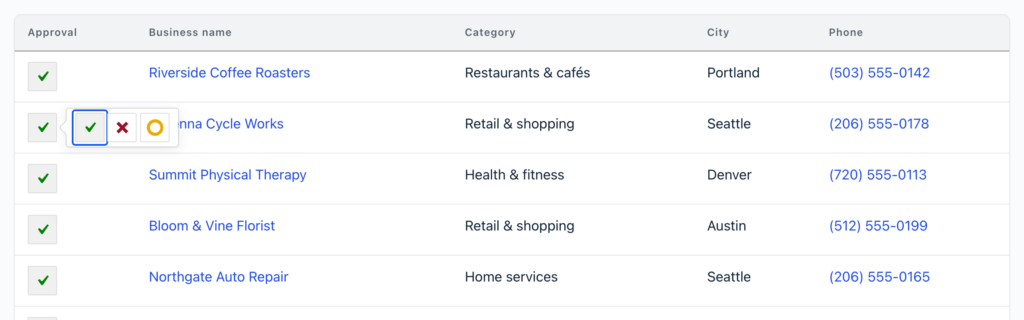 A GravityView Table View with the approval status chooser open next to an entry's approval button, showing the Approve, Disapprove, and Reset Approval options with keyboard focus on Approve