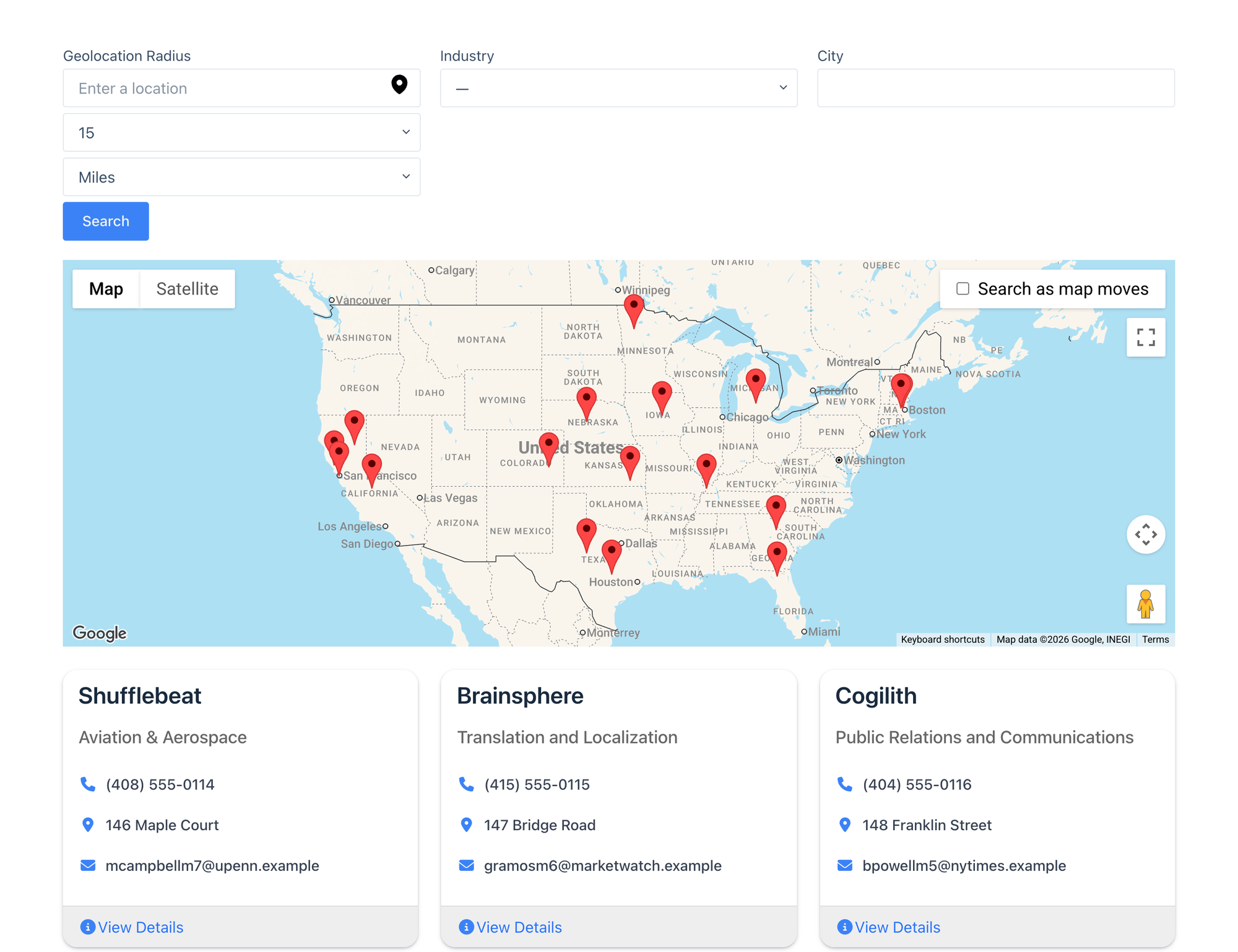 Business directory built with GravityView showing a search bar, a map of the United States with location pins, and business listing cards