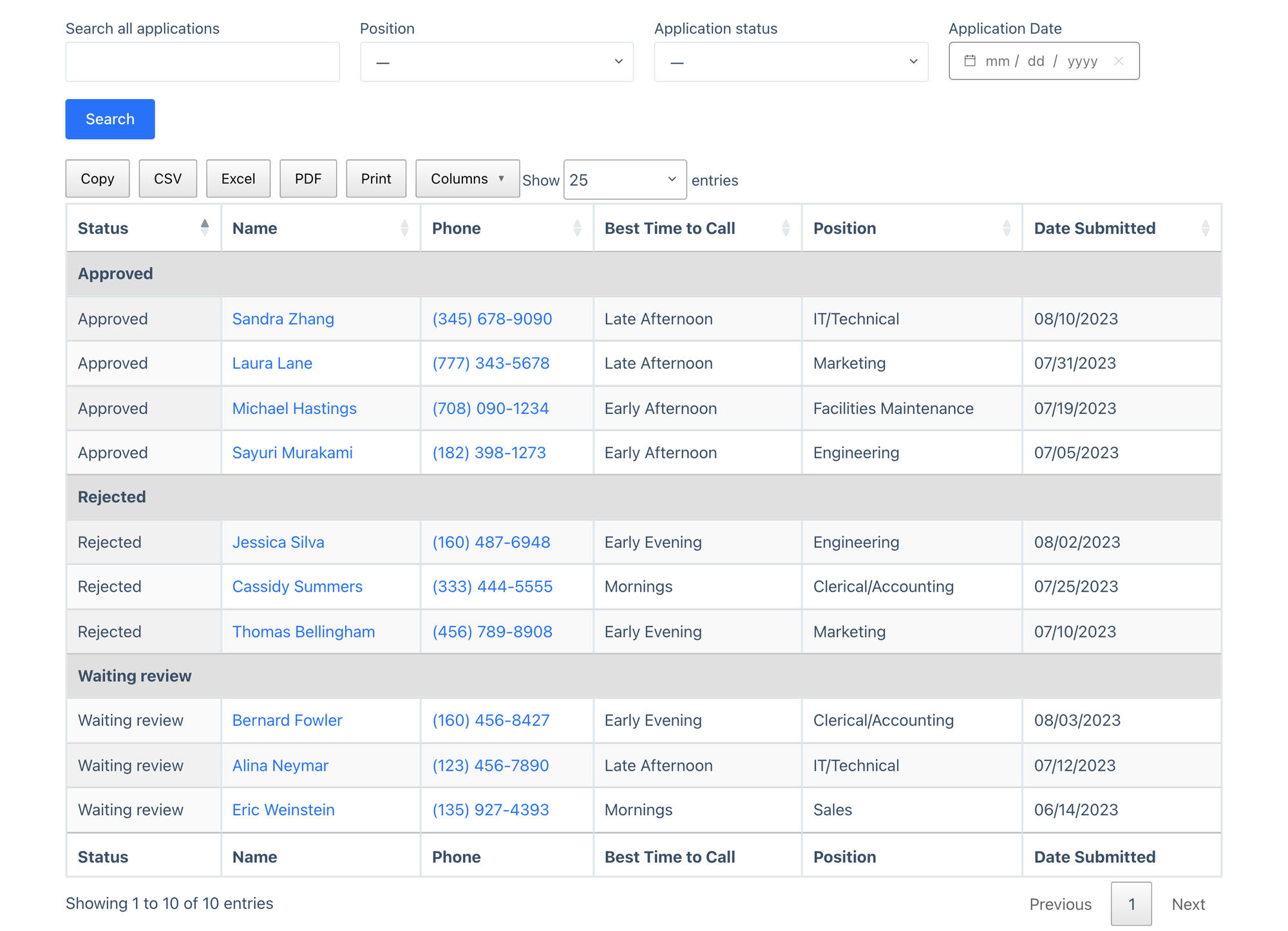 Employment applications table built with GravityView, with entries grouped by Approved, Rejected, and Waiting review statuses