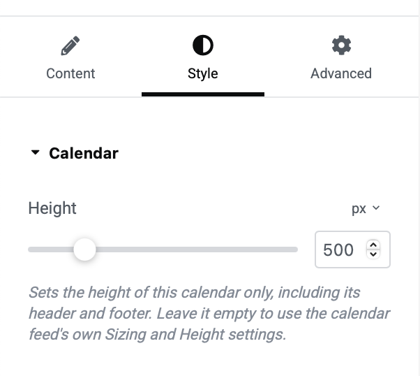 The widget Style tab showing a Height slider set to 500 px, with help text explaining it applies to this calendar only.