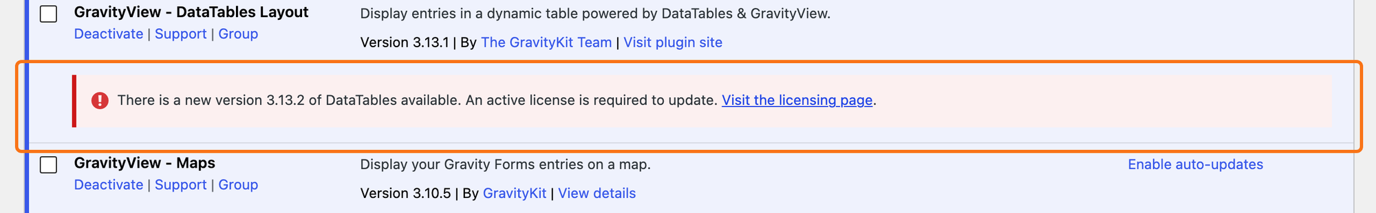 The WordPress Plugins page showing a GravityKit plugin with the notice that a new version is available and an active license is required to update