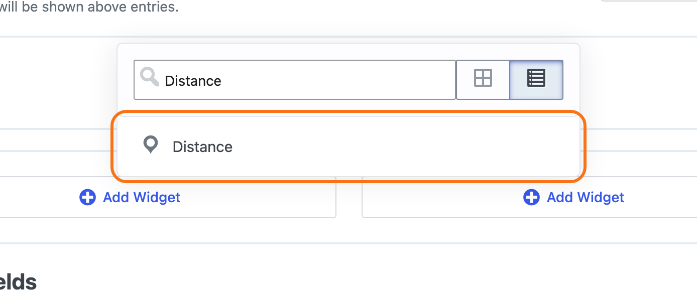 The field picker in the Multiple Entries layout filtered to the Distance field