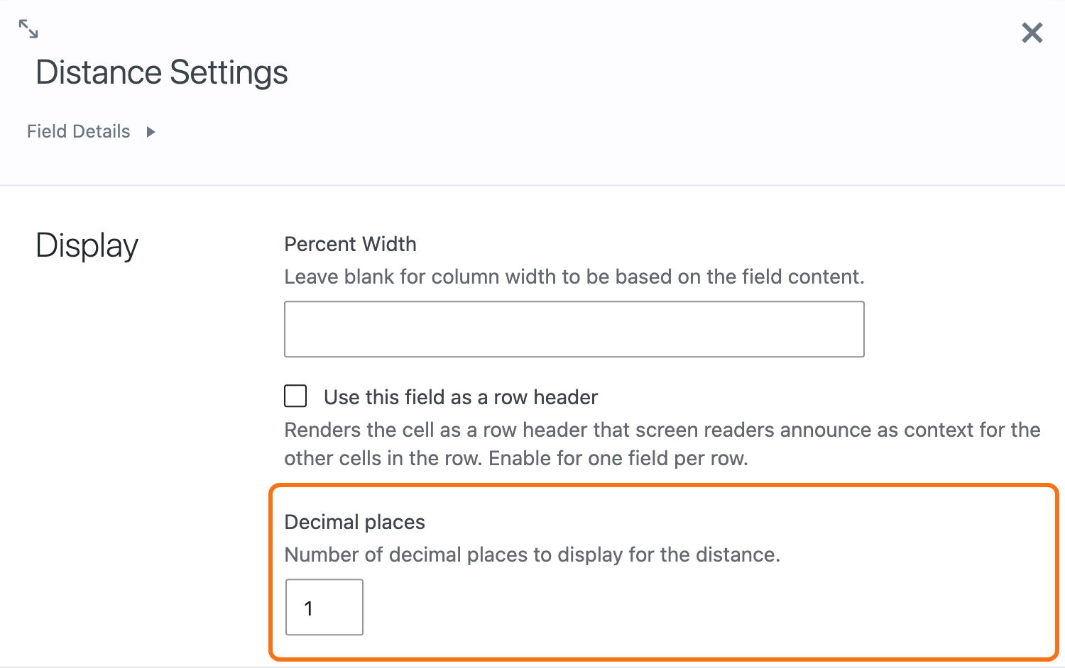 The Distance field settings with the Decimal places setting