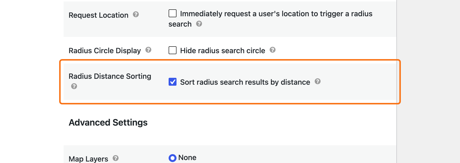 The Radius Distance Sorting setting on the Maps tab of the Settings box, with Sort radius search results by distance checked