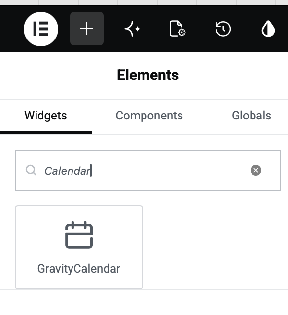 The Elementor Elements panel with Calendar typed into the widget search box, showing the GravityCalendar widget below it.