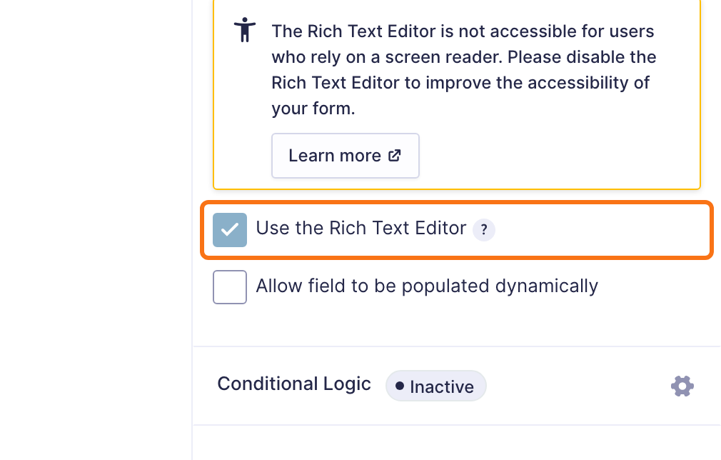 The Advanced settings of a Paragraph field in the Gravity Forms editor, with Use the Rich Text Editor checked