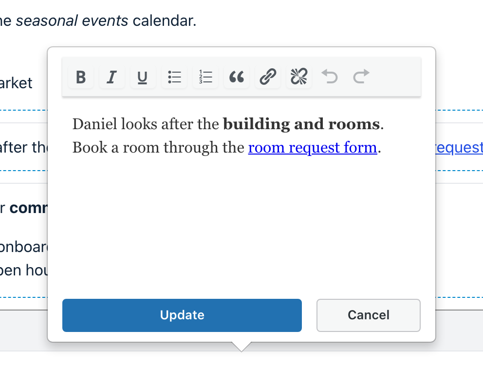 A GravityEdit inline editor open on a Paragraph field in a View, showing the formatting toolbar and the Update button