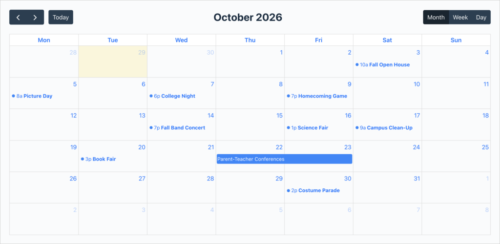 A GravityCalendar month view for October 2026 with school events including a Fall Open House, Homecoming Game, Fall Band Concert and two days of Parent-Teacher Conferences