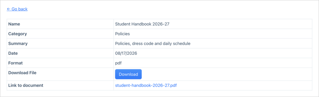 The detail page for the Student Handbook 2026-27, showing its category, summary, date, format and a download button
