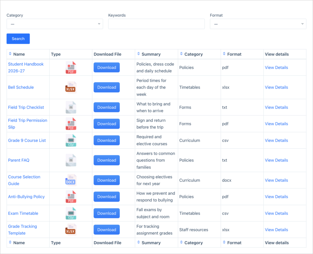 A searchable school document library built with GravityView, listing the student handbook, bell schedule, permission slips and course guides by name, category and format, with a download button for each