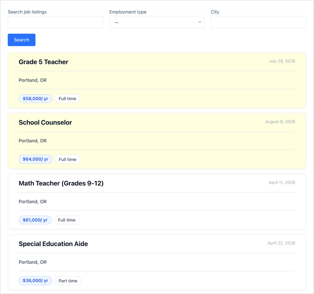 A school job board listing open roles as cards, including a Grade 5 Teacher, School Counselor, Math Teacher and Special Education Aide, with salary, employment type and a search bar for keyword, employment type and city