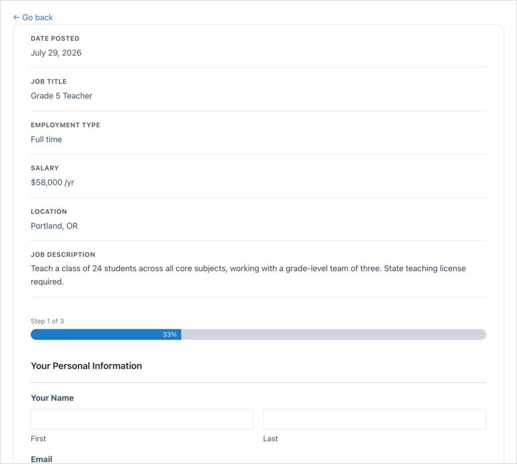 The job page for a Grade 5 Teacher, showing the date posted, employment type, salary, location and description, above the application form