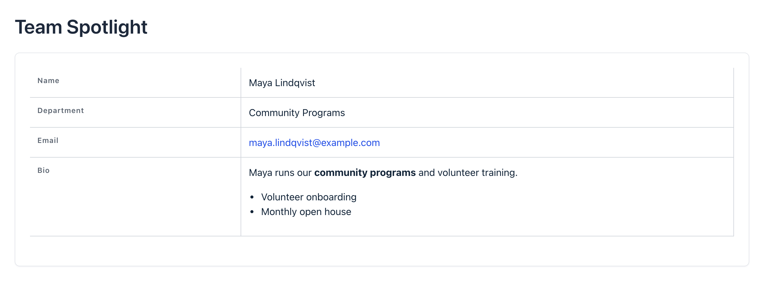 A page titled Team Spotlight showing one entry's Name, Department, Email, and Bio