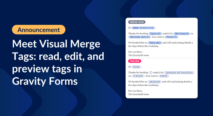 Announcement: Meet Visual Merge Tags. A card shows a notification message with merge tags as chips, and below it the same message previewing real values