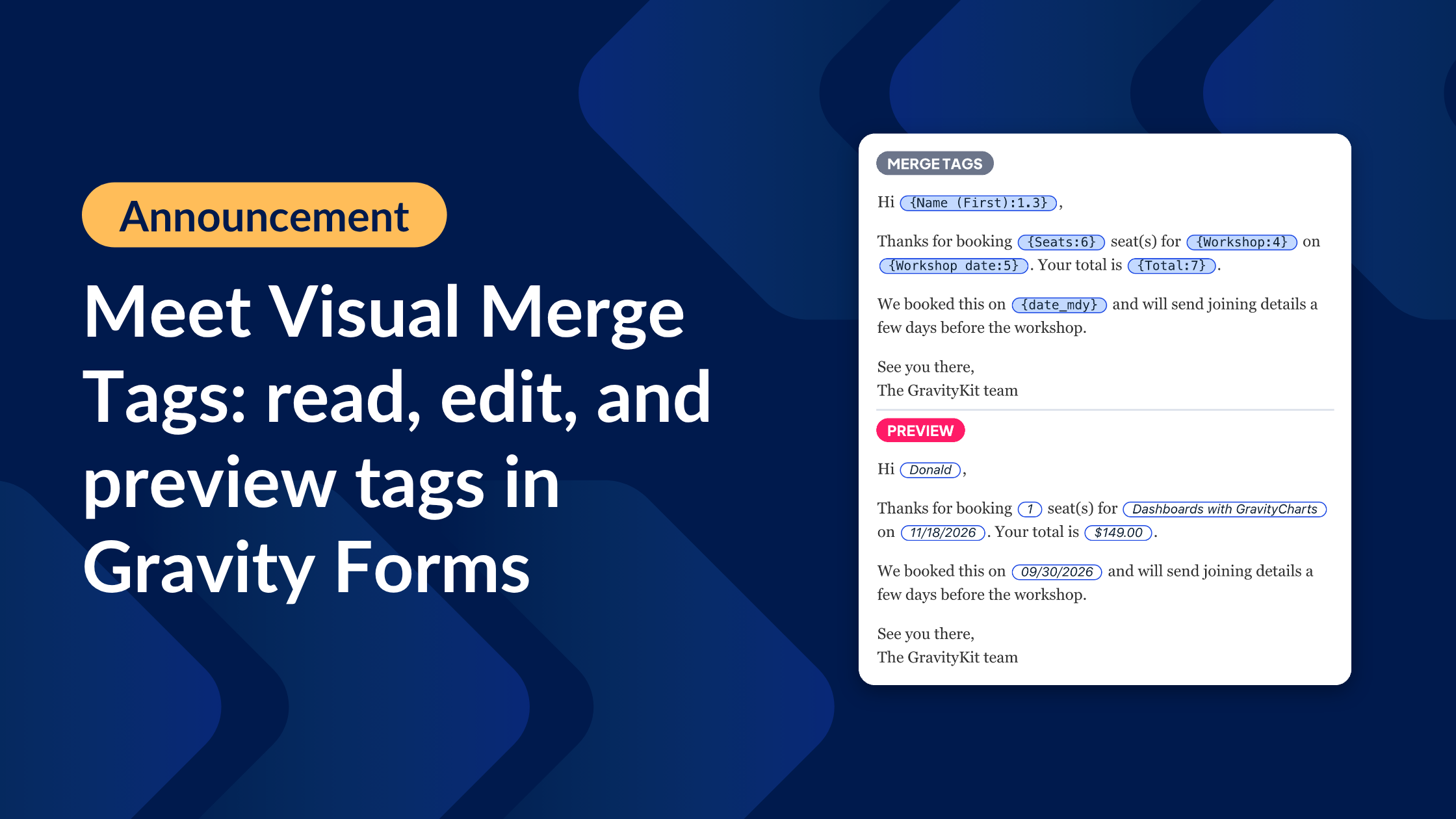 Announcement: Meet Visual Merge Tags. A card shows a notification message with merge tags as chips, and below it the same message previewing real values