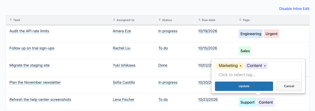 A GravityView table of project tasks with inline editing on, and the Entry Tags editor open on the Plan the November newsletter row, showing its Marketing and Content tags with Update and Cancel buttons